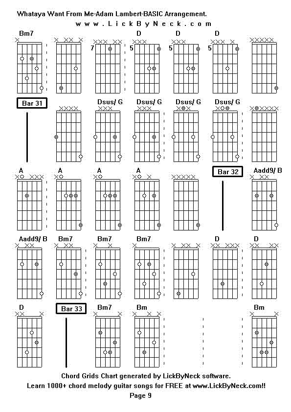 Chord Grids Chart of chord melody fingerstyle guitar song-Whataya Want From Me-Adam Lambert-BASIC Arrangement,generated by LickByNeck software.